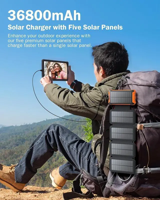 Alt view image 2 of 7 - GOODaaa Power Bank Wireless Charger 36800mAh Solar Charger with Five Solar Panels Built-in Four Cable Five Outputs Portable Power Bank for Cell Phone with Dual Flashlights, Carabiner