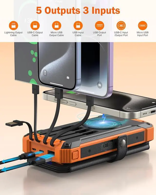 Alt view image 4 of 7 - GOODaaa Power Bank Wireless Charger 36800mAh Solar Charger with Five Solar Panels Built-in Four Cable Five Outputs Portable Power Bank for Cell Phone with Dual Flashlights, Carabiner