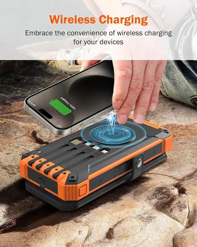 Alt view image 3 of 7 - GOODaaa Power Bank Wireless Charger 36800mAh Solar Charger with Five Solar Panels Built-in Four Cable Five Outputs Portable Power Bank for Cell Phone with Dual Flashlights, Carabiner
