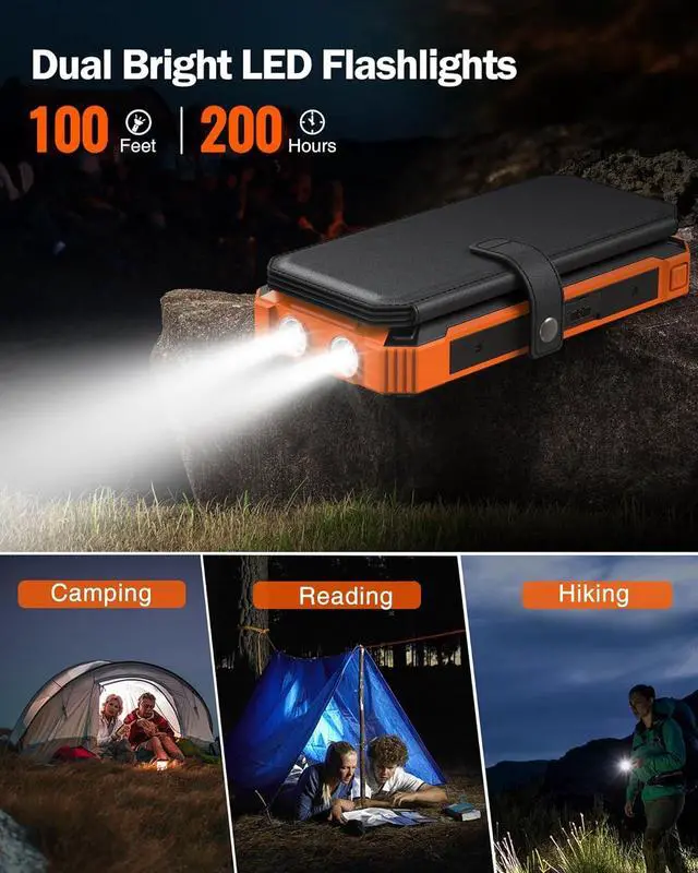 Alt view image 5 of 7 - GOODaaa Power Bank Wireless Charger 36800mAh Solar Charger with Five Solar Panels Built-in Four Cable Five Outputs Portable Power Bank for Cell Phone with Dual Flashlights, Carabiner