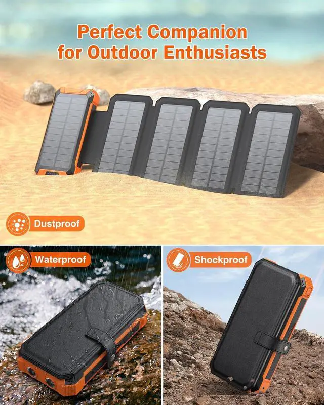 Alt view image 6 of 7 - GOODaaa Power Bank Wireless Charger 36800mAh Solar Charger with Five Solar Panels Built-in Four Cable Five Outputs Portable Power Bank for Cell Phone with Dual Flashlights, Carabiner