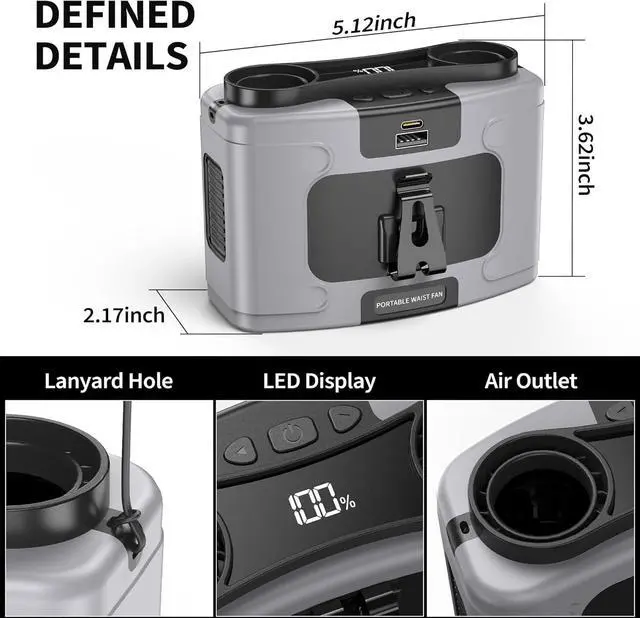 Alt view image 5 of 6 - 20000mAh Portable Waist Fan, Personal Fan Clip on with Rechargeable Battery operated, 40H Cooling,10 Speeds,16000RPM Hands-Free Belt Neck for Outdoor Jobsite Gardening Camping Travel (Grey)  Grey