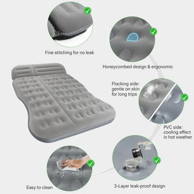 Alt view image 3 of 7 - SUV Air Mattress Thickened Flocked Camping Bed for Car Trunk & Back Seat  Includes Electric Pump & 2 Foot Pedals  Portable Inflatable car Mattress (Gray)