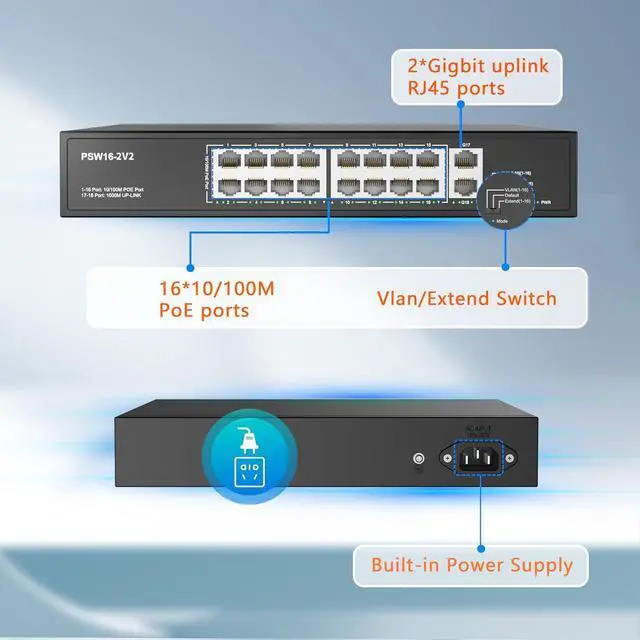 Alt view image 2 of 7 - HD 16 Port PoE Switch, High Power 300W, 16 PoE+ 100Mbps Ports with 2 Gigabit Uplink Ethernet Ports, Unmanaged Plug and Play, Each Port Up to 30W, 802.3af/at Compliant, Rack Mount