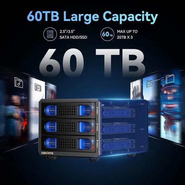 Alt view image 3 of 7 - 3 Bay 10Gbps Hard Drive Enclosure with Cooling Fan for 2.5/3.5" SATA HDD/SSD with USB A/C 3.2 Gen 2, Support Hot Swappable, Daisy Chain Expansion, Tool-Free, DAS(NO RAID/NAS)