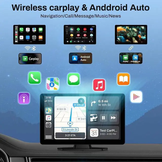 Alt view image 2 of 7 - Wireless Carplay Screen for Car with 4K Dash Cam, 9" Portable Carplay & Android Auto, HD Touchscreen with 1080p Backup Camera, GPS Navigation/Voice Control/Bluetooth/Mirror Link/FM