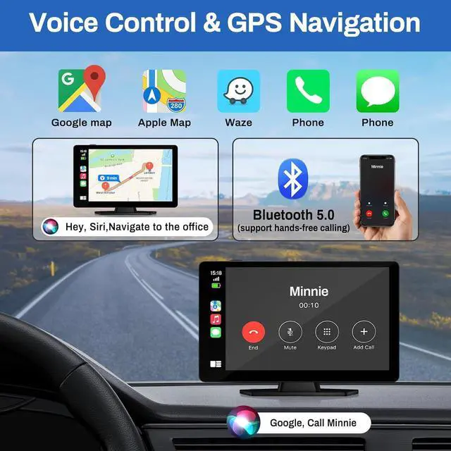 Alt view image 3 of 7 - Wireless Carplay Screen for Car with 4K Dash Cam, 9" Portable Carplay & Android Auto, HD Touchscreen with 1080p Backup Camera, GPS Navigation/Voice Control/Bluetooth/Mirror Link/FM