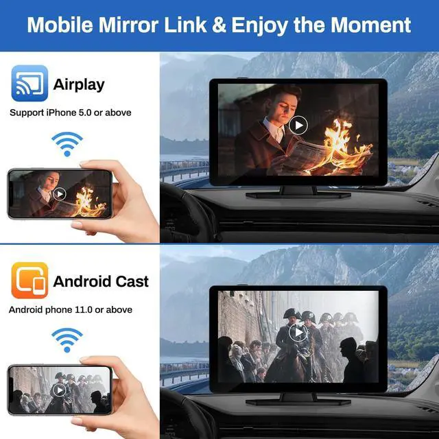 Alt view image 7 of 7 - Wireless Carplay Screen for Car with 4K Dash Cam, 9" Portable Carplay & Android Auto, HD Touchscreen with 1080p Backup Camera, GPS Navigation/Voice Control/Bluetooth/Mirror Link/FM