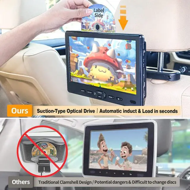 Alt view image 2 of 7 - 10.5" Car DVD Player with Headrest Mount, Portable DVD Player for Car with Headphone, Suction-Type Disc in,Support 1080P Video,HDMI Input,USB/SD Card Reader,AV in/Out,Last Memory&Region Free