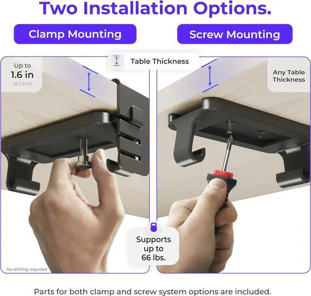Alt view image 2 of 7 - Original No Drill Under Desk Cable Management Tray 53.9" - Premium Black Fabric Cable Management Under Desk - Clamp/Screw Mount Cord Organizer - Supports Upto 66lbs - Extra Large