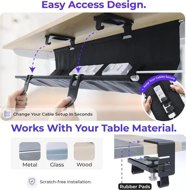 Alt view image 3 of 7 - Original No Drill Under Desk Cable Management Tray 53.9" - Premium Black Fabric Cable Management Under Desk - Clamp/Screw Mount Cord Organizer - Supports Upto 66lbs - Extra Large