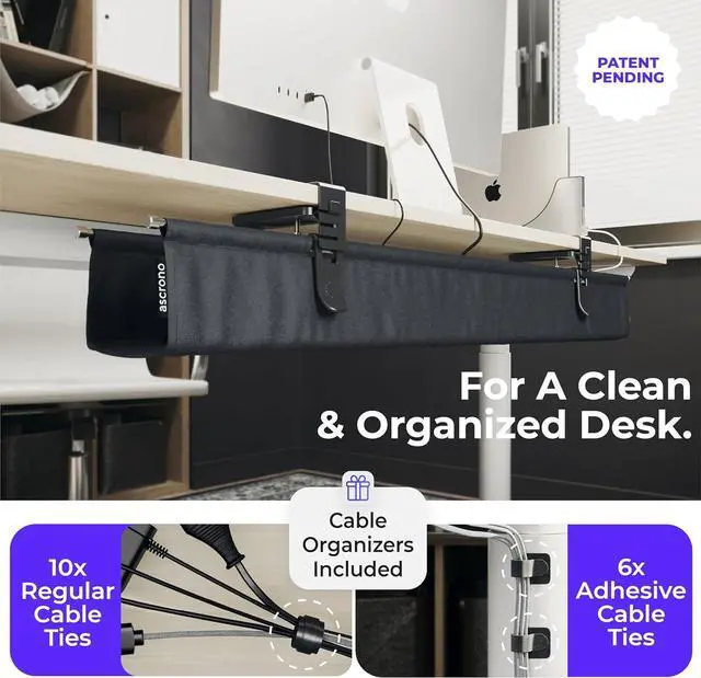 Alt view image 5 of 7 - Original No Drill Under Desk Cable Management Tray 53.9" - Premium Black Fabric Cable Management Under Desk - Clamp/Screw Mount Cord Organizer - Supports Upto 66lbs - Extra Large