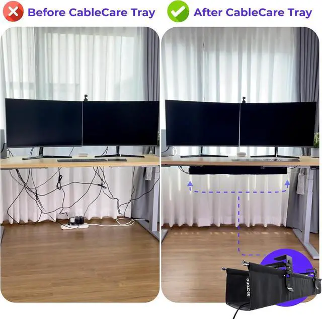 Alt view image 7 of 7 - Original No Drill Under Desk Cable Management Tray 53.9" - Premium Black Fabric Cable Management Under Desk - Clamp/Screw Mount Cord Organizer - Supports Upto 66lbs - Extra Large