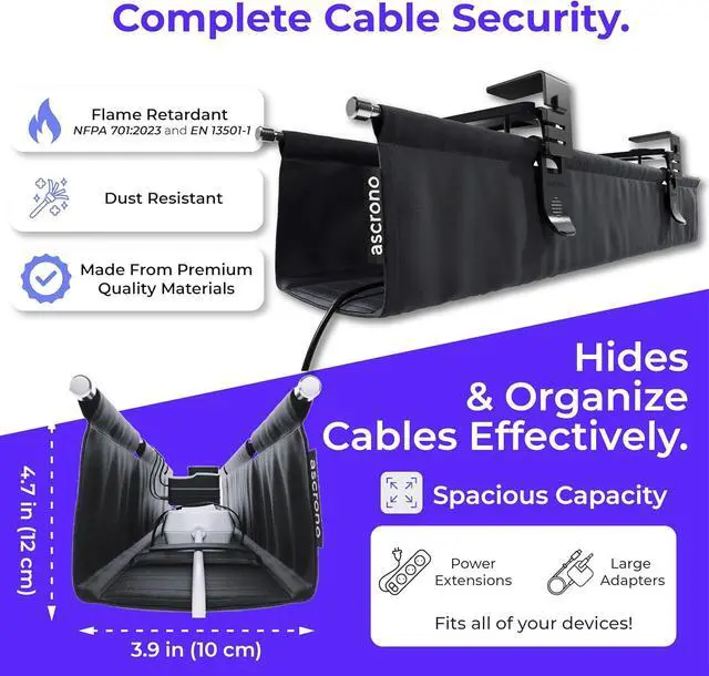 Alt view image 6 of 7 - Original No Drill Under Desk Cable Management Tray 53.9" - Premium Black Fabric Cable Management Under Desk - Clamp/Screw Mount Cord Organizer - Supports Upto 66lbs - Extra Large