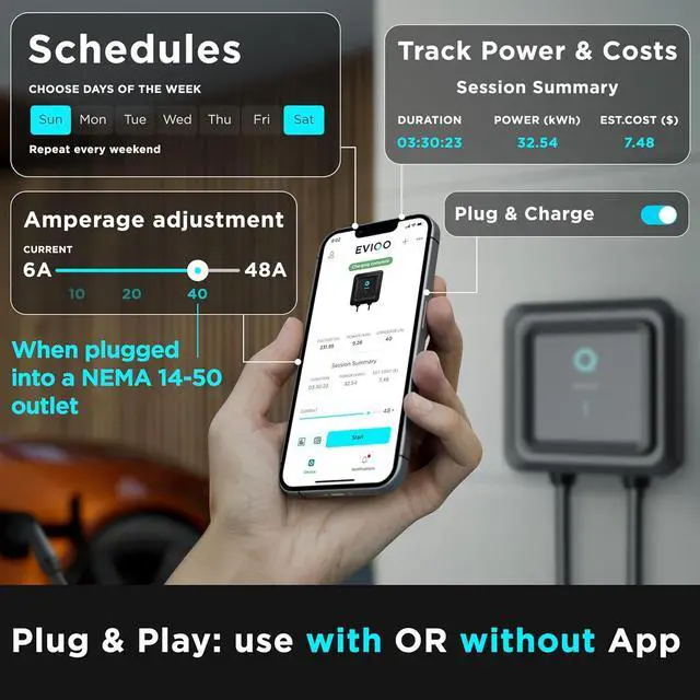 Alt view image 2 of 7 - Level 2 EV Charger - Wall Home EV Charger Level 2 48 Amp for Electric Car - 240V NEMA 14-50 Plug in 11.5kW EVSE J1772 Chargers, Energy Star/UL - Smart Electric Vehicle Charging Stations