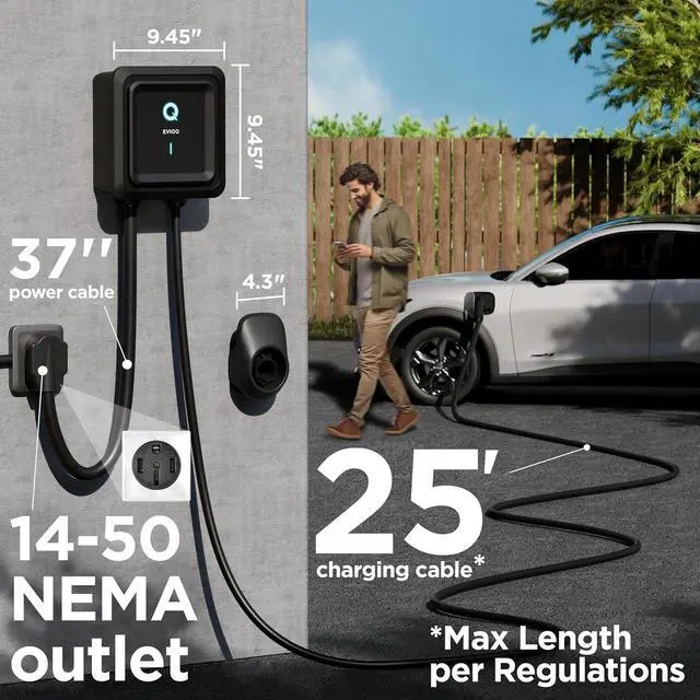 Alt view image 4 of 7 - Level 2 EV Charger - Wall Home EV Charger Level 2 48 Amp for Electric Car - 240V NEMA 14-50 Plug in 11.5kW EVSE J1772 Chargers, Energy Star/UL - Smart Electric Vehicle Charging Stations