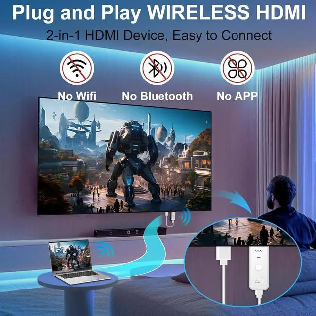 Alt view image 2 of 7 - Wireless HDMI Transmitter and Receiver 2-in-1 4K Decode 1080P Output Wireless HDMI 2.4G&5G Display Adapter Plug & Play Portable Streaming Video and Audio to Monitor from PC/DV/HDTV/Projector/TV Box