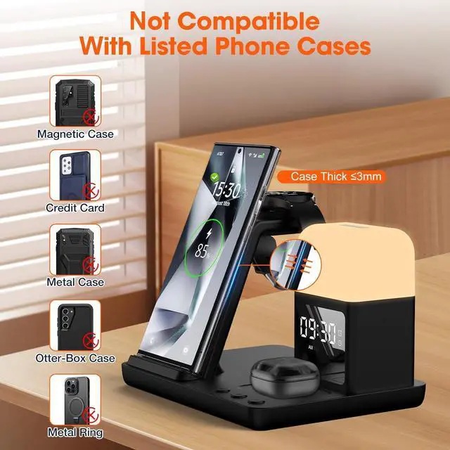 Alt view image 6 of 7 - Wireless Charger for /Android Charging Station 6 in 1 Fast Watch Charger with Alarm Clock-Night Light Compatible for Galaxy S25 Ultra/S24/S23 Only for  Watch7 Galaxy Buds3 Pro(Black)