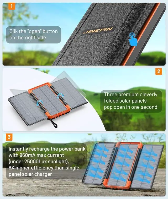 Alt view image 2 of 7 - Power Bank Solar Charger 46800mAh Built in 4 Cables 3 Foldable Solar Panels, PD20W Fast Charging Portable Charger, LED Display Powerbank USB C in/Output, External Battery Pack with SOS Camping Light