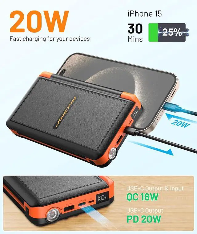 Alt view image 3 of 7 - Power Bank Solar Charger 46800mAh Built in 4 Cables 3 Foldable Solar Panels, PD20W Fast Charging Portable Charger, LED Display Powerbank USB C in/Output, External Battery Pack with SOS Camping Light