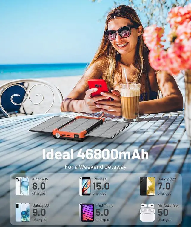 Alt view image 4 of 7 - Power Bank Solar Charger 46800mAh Built in 4 Cables 3 Foldable Solar Panels, PD20W Fast Charging Portable Charger, LED Display Powerbank USB C in/Output, External Battery Pack with SOS Camping Light