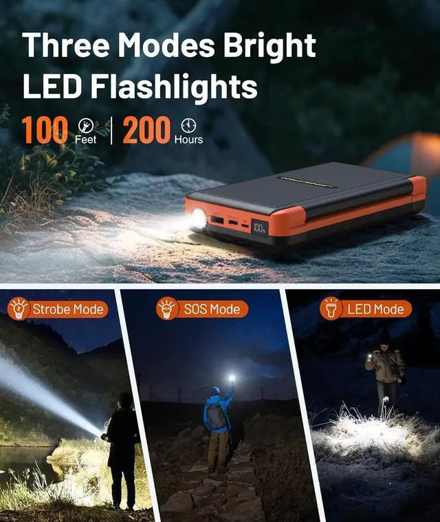 Alt view image 5 of 7 - Power Bank Solar Charger 46800mAh Built in 4 Cables 3 Foldable Solar Panels, PD20W Fast Charging Portable Charger, LED Display Powerbank USB C in/Output, External Battery Pack with SOS Camping Light