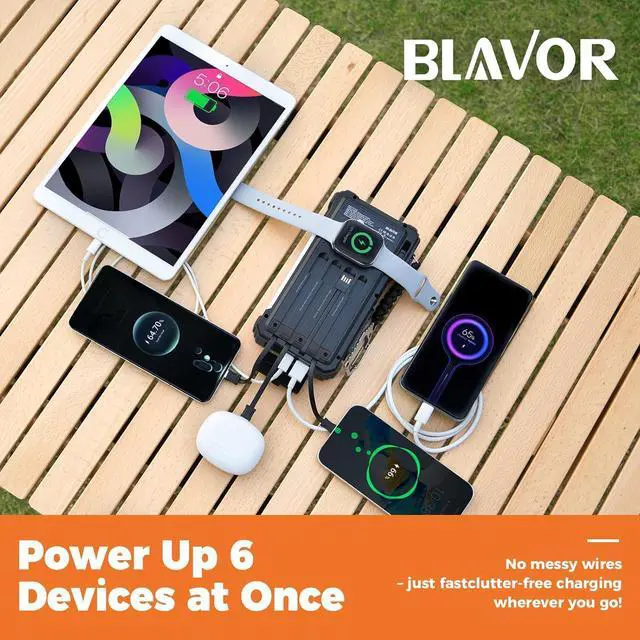 Alt view image 2 of 7 - BLAVOR Solar Power Bank 20000mAh/74000mWh Built-in Cables, Wireless Charger for Apple Watch, 20W Fast Charging Battery Pack with USB C, Flashlight, Solar Charger for iPhone, iPad, iWatch, Samsung