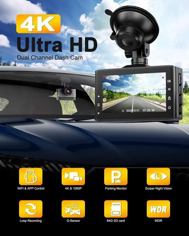 Alt view image 2 of 7 - 4K Dash Cam Front and Rear, Dual Dash Camera for Cars with 64G SD Card, 3" IPS Wireless Dashcam with Night Vision, Time Lapse, 24H Parking Mode, 170° Wide Angle, G-Sensor, Loop Recording, Real WDR