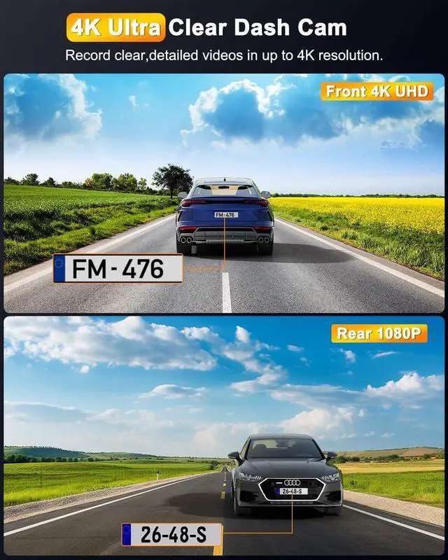 Alt view image 3 of 7 - 4K Dash Cam Front and Rear, Dual Dash Camera for Cars with 64G SD Card, 3" IPS Wireless Dashcam with Night Vision, Time Lapse, 24H Parking Mode, 170° Wide Angle, G-Sensor, Loop Recording, Real WDR