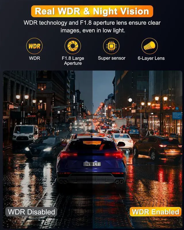 Alt view image 5 of 7 - 4K Dash Cam Front and Rear, Dual Dash Camera for Cars with 64G SD Card, 3" IPS Wireless Dashcam with Night Vision, Time Lapse, 24H Parking Mode, 170° Wide Angle, G-Sensor, Loop Recording, Real WDR