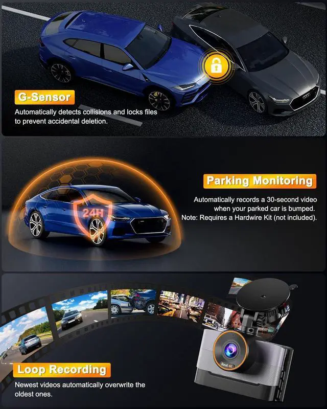 Alt view image 6 of 7 - 4K Dash Cam Front and Rear, Dual Dash Camera for Cars with 64G SD Card, 3" IPS Wireless Dashcam with Night Vision, Time Lapse, 24H Parking Mode, 170° Wide Angle, G-Sensor, Loop Recording, Real WDR