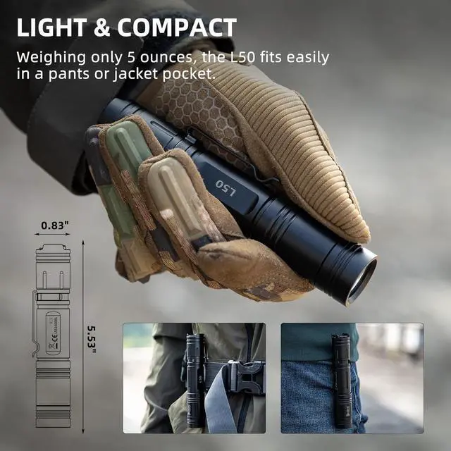 Alt view image 4 of 7 - WUBEN L50 Flashlight 1200 High Lumens Tactical Flashlight Pocket Rechargeable Flashlight IP68 with 5 Mode Flash Light, LED Tail Switch Flashlight for Emergencie Camping Home Inspection Repair