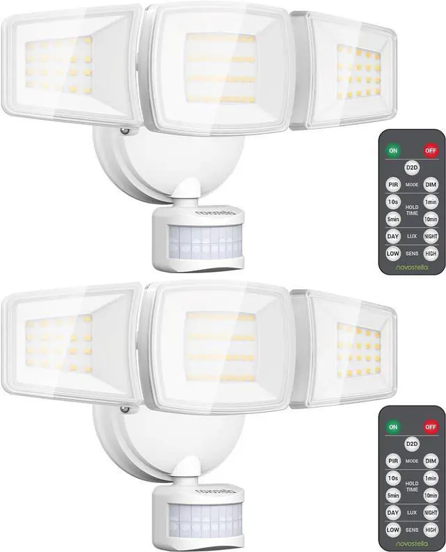 Main image of Security Lights Motion Sensor Outdoor, 2Pack LED Flood Lights with Remote, Dusk to Dawn 45W 5000lm 5000K, 3 Heads Wired Wall Adjust Floodlights, IP65 Waterproof for Garage Yard House