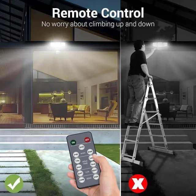 Alt view image 2 of 7 - Security Lights Motion Sensor Outdoor, 2Pack LED Flood Lights with Remote, Dusk to Dawn 45W 5000lm 5000K, 3 Heads Wired Wall Adjust Floodlights, IP65 Waterproof for Garage Yard House