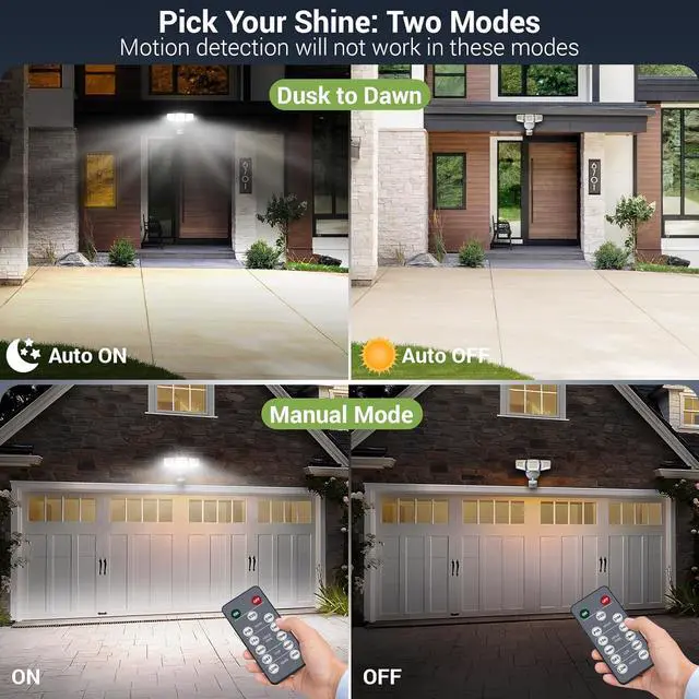 Alt view image 3 of 7 - Security Lights Motion Sensor Outdoor, 2Pack LED Flood Lights with Remote, Dusk to Dawn 45W 5000lm 5000K, 3 Heads Wired Wall Adjust Floodlights, IP65 Waterproof for Garage Yard House