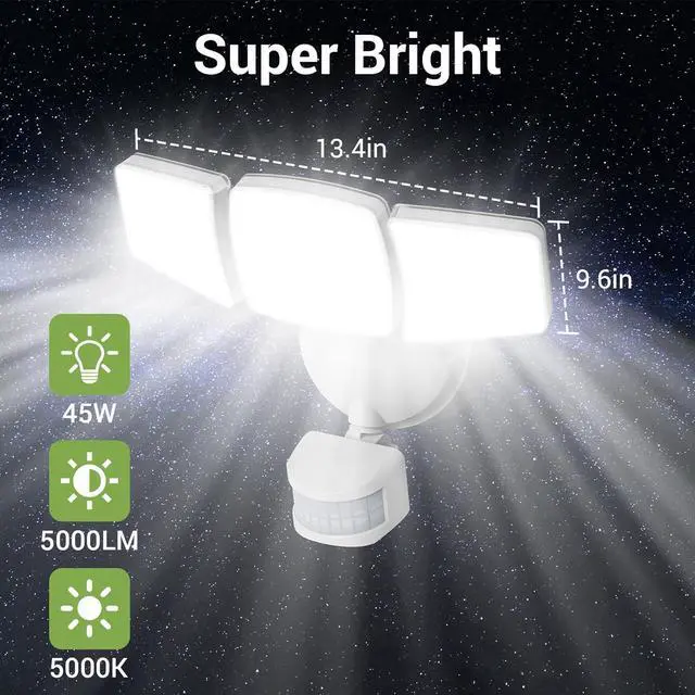 Alt view image 5 of 7 - Security Lights Motion Sensor Outdoor, 2Pack LED Flood Lights with Remote, Dusk to Dawn 45W 5000lm 5000K, 3 Heads Wired Wall Adjust Floodlights, IP65 Waterproof for Garage Yard House