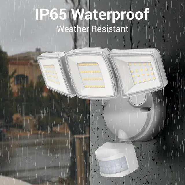 Alt view image 7 of 7 - Security Lights Motion Sensor Outdoor, 2Pack LED Flood Lights with Remote, Dusk to Dawn 45W 5000lm 5000K, 3 Heads Wired Wall Adjust Floodlights, IP65 Waterproof for Garage Yard House