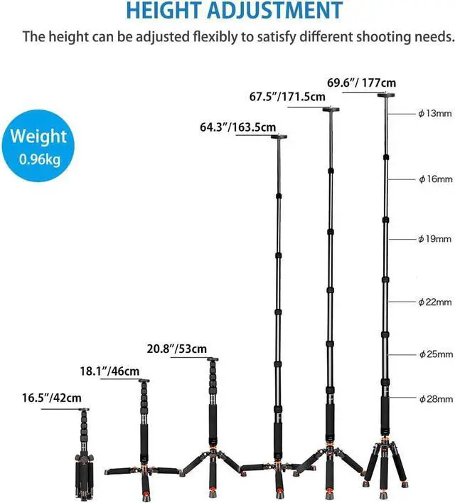 Alt view image 3 of 7 - Camera Aluminum Monopod with Metal Tripod Base.6 Sections 18-69inch Adjustable, Leg Diameter 28mm,up to 13lbs - Black