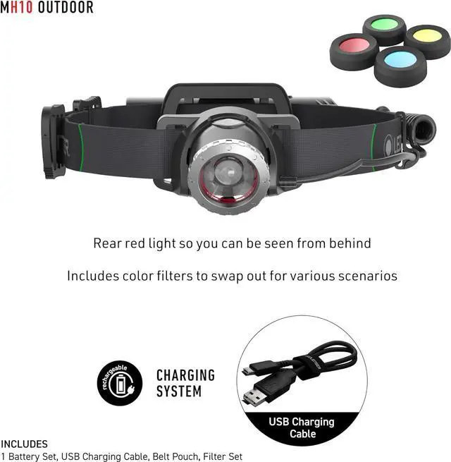 Alt view image 6 of 6 - MH10 Rechargeable Headlamp High Power LED Water Resistant 600 Lumens Hands-Free Light for Outdoor Use Camping Tactical Hunting Fishing Black