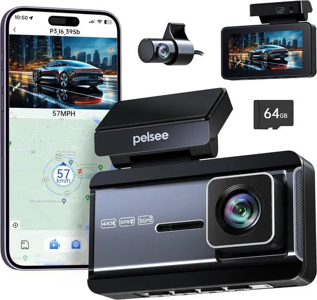 Main image of Pelsee P3 4K Dash Cam Front and Rear, 64GB SD Card, 4K+1080P Dual Dash Camera for Cars with Wi-Fi, GPS, ADAS, BSD, LCA, 3 IPS Display Car Camera, APP & Voice Control, Night Vision, 24H Parking Mode
