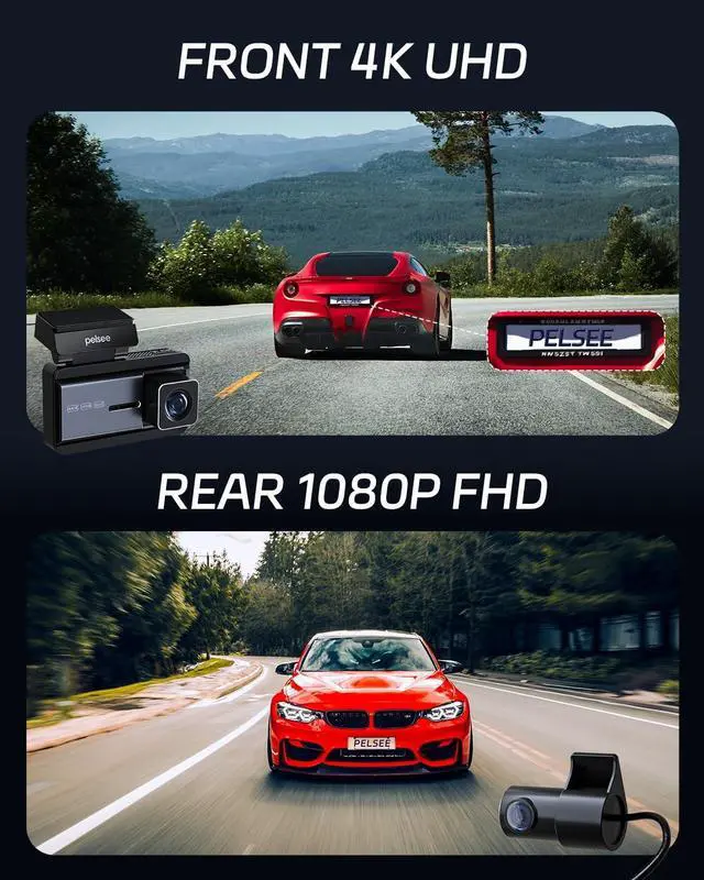 Alt view image 2 of 7 - Pelsee P3 4K Dash Cam Front and Rear, 64GB SD Card, 4K+1080P Dual Dash Camera for Cars with Wi-Fi, GPS, ADAS, BSD, LCA, 3 IPS Display Car Camera, APP & Voice Control, Night Vision, 24H Parking Mode