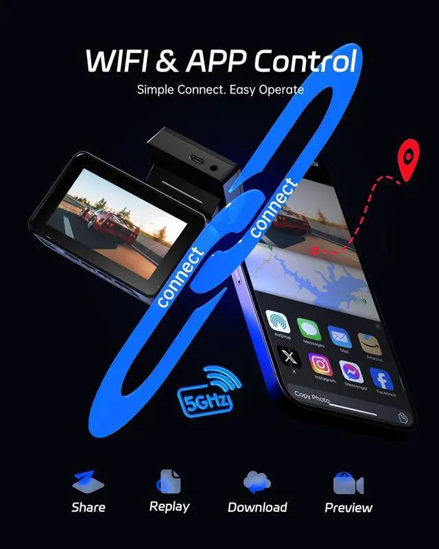 Alt view image 3 of 7 - Pelsee P3 4K Dash Cam Front and Rear, 64GB SD Card, 4K+1080P Dual Dash Camera for Cars with Wi-Fi, GPS, ADAS, BSD, LCA, 3 IPS Display Car Camera, APP & Voice Control, Night Vision, 24H Parking Mode