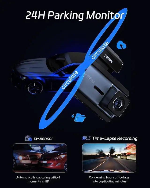 Alt view image 7 of 7 - Pelsee P3 4K Dash Cam Front and Rear, 64GB SD Card, 4K+1080P Dual Dash Camera for Cars with Wi-Fi, GPS, ADAS, BSD, LCA, 3 IPS Display Car Camera, APP & Voice Control, Night Vision, 24H Parking Mode