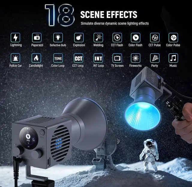 Alt view image 4 of 7 - 60W Portable RGB LED Video Light Handheld Fill Light, APP/2.4G/Panel Control 18 Scenes 8700Lux/1m 2700-6500K CRI97+ Dimmable COB Continuous Output Lighting for Video Recording Streaming, HS60C