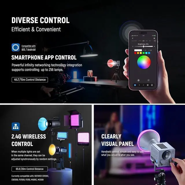 Alt view image 5 of 7 - 60W Portable RGB LED Video Light Handheld Fill Light, APP/2.4G/Panel Control 18 Scenes 8700Lux/1m 2700-6500K CRI97+ Dimmable COB Continuous Output Lighting for Video Recording Streaming, HS60C