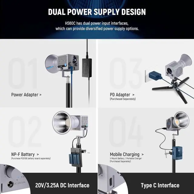 Alt view image 7 of 7 - 60W Portable RGB LED Video Light Handheld Fill Light, APP/2.4G/Panel Control 18 Scenes 8700Lux/1m 2700-6500K CRI97+ Dimmable COB Continuous Output Lighting for Video Recording Streaming, HS60C