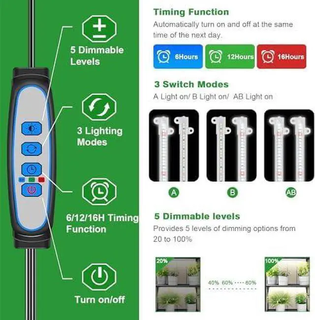 Alt view image 3 of 7 - Grow Light, 360 LEDs Full Spectrum Plant Light for Indoor Plants, 6 Bars/16 in Grow Light Strip with Auto Timer 6/12/16 Hrs, 3 Switch Modes, 5 Dimmable Levels for Green House Hydroponics