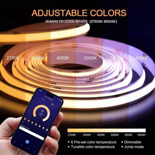 Alt view image 2 of 6 - LED Strip Light 32.8ft, Tunable White Warm White to Cool White LED Strip, 608LEDs/M DC24V Tape Light, CRI90+, Bluetooth App Control, Dimmable Strips for Bedroom, Office, DIY Lighting.