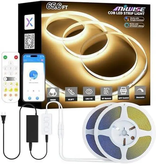 Main image of COB LED Strip Lights 65.6ft/20m,UL-Listed CRI 90+ Dimmable 3000K Warm White Super Bright,with APP Control/RF Remote,Work with Alexa/Google,for Home/Cabinet/Bedroom/Kitchen DIY Lighting Projects