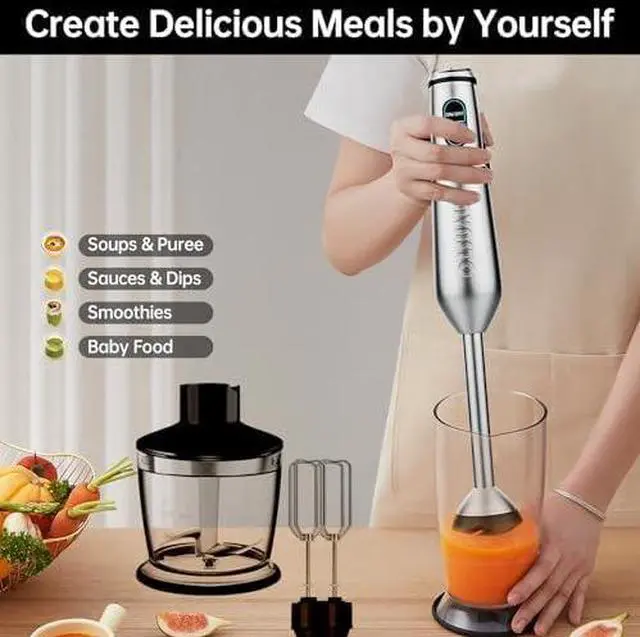 Alt view image 6 of 6 - Immersion Blender 1000 Watts Scratch Resistant Hand Blender,20 Speed and Turbo Mode Hand Mixer, 3-in-1 Heavy Duty Copper Motor Stainless Steel Smart Stick with Egg Beaters and Chopper